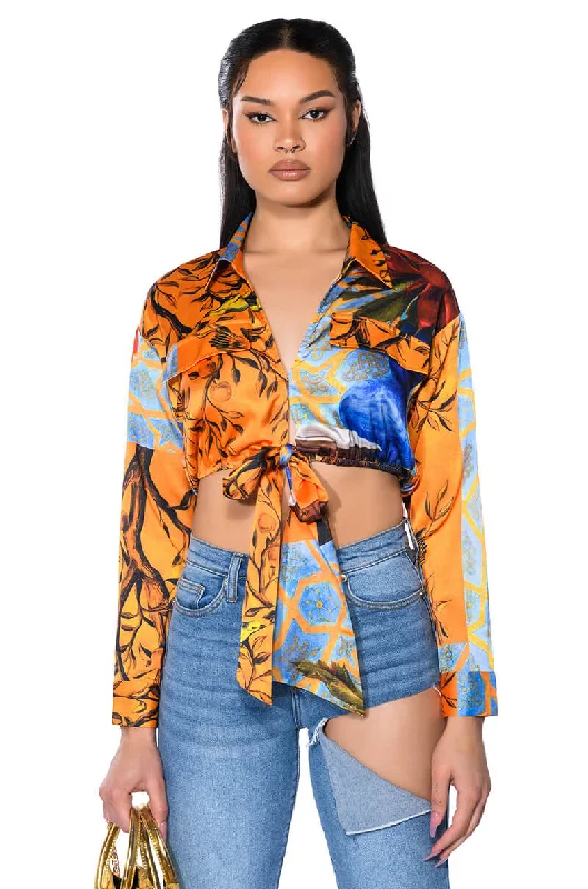 AUDREY PRINTED TIE FRONT BLOUSE Asymmetric Hem Blouse