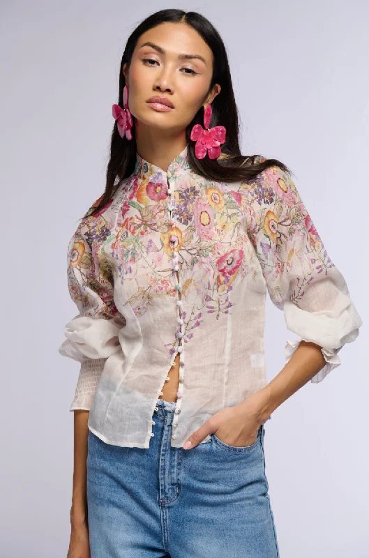 CARMELLIA FLORAL BUTTON DOWN BLOUSE Off-Shoulder Wrap Blouse