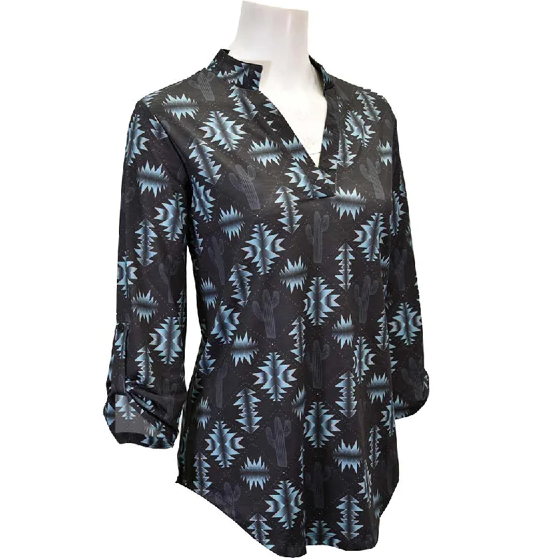 Cowgirl Hardware Women's Aztec Cactus Print Blouse Side Tie Blouse