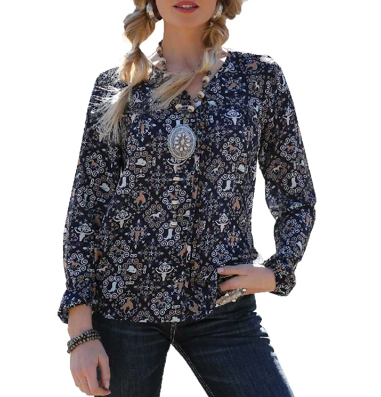 Cruel Denim Women's Steer Pattern Button-Down Blouse Smart Casual Blouse