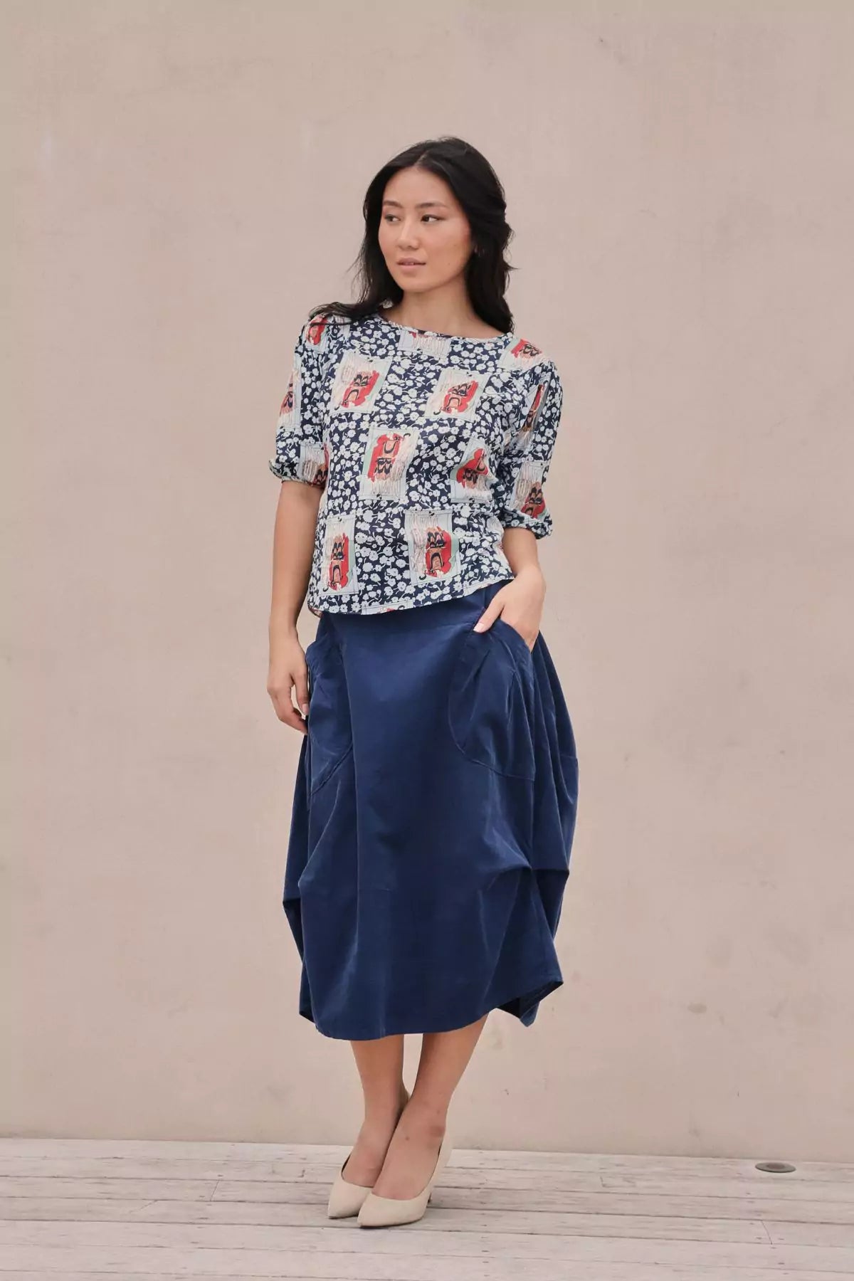 Felix Blouse Navy in Cotton Satin Drape Blouse