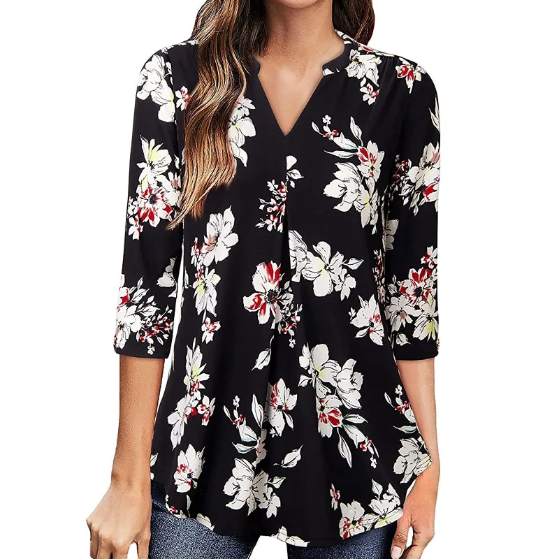 Flowers Print Tops V Neck Long Sleeve Blouse Delicate Pleat Blouse