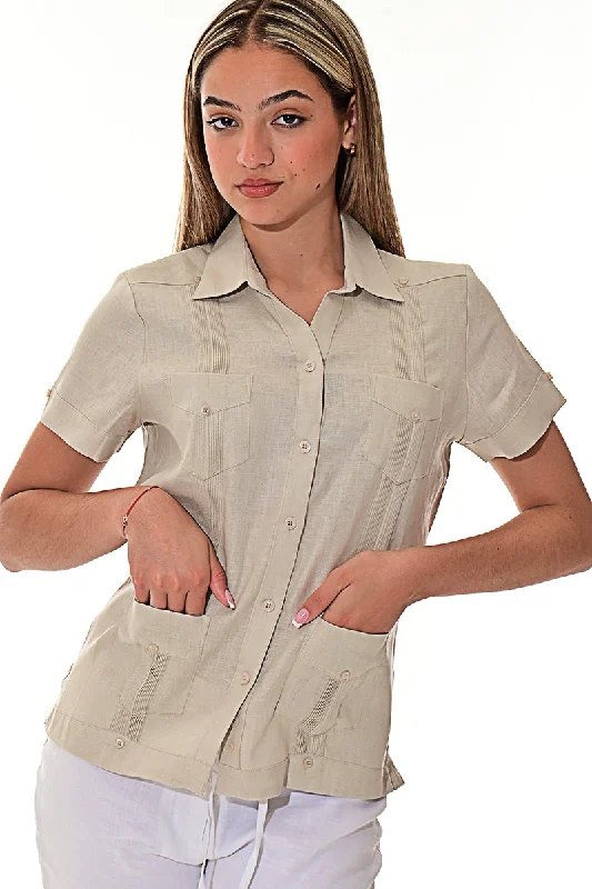 Ladies 100% Soft Linen Traditional (4) Pocket Short Sleeve Guayabera Blouse in (5) Colors - LLGB3008 Elegant Office Blouse