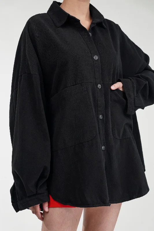 Oversized Black Shacket With Patch Pockets Silky Tunic Blouse