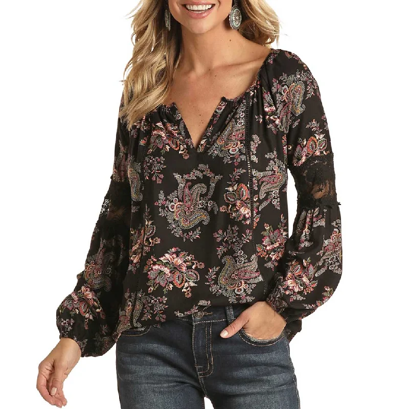 Panhandle Women's Floral Print Peasant Blouse Business Casual Blouse