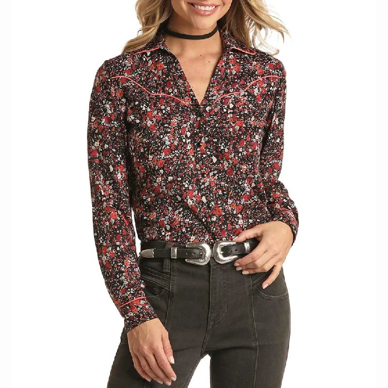 Panhandle Women's Floral Print Snap Blouse Elegant Peplum Blouse