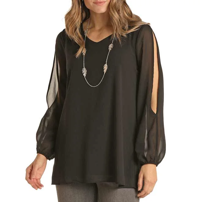 Panhandle Women's Slit Puff Sleeve Blouse Smart Business Blouse