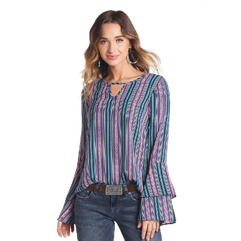 Panhandle Women's Stripe Bell Sleeve Blouse High Neck Blouse