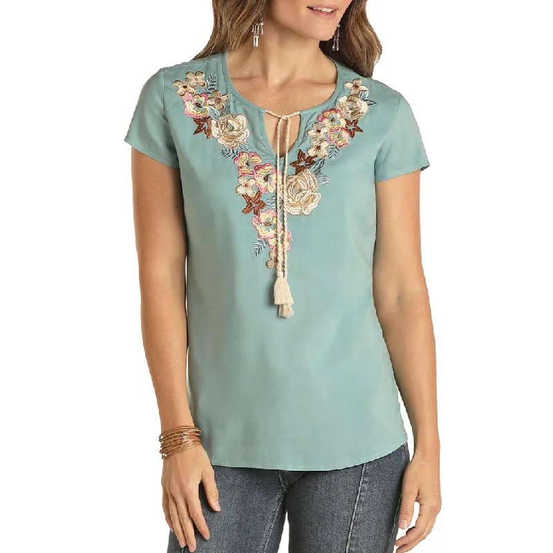 Panhandle Women's Tie Neck Floral Detail Blouse Airy Cotton Blouse