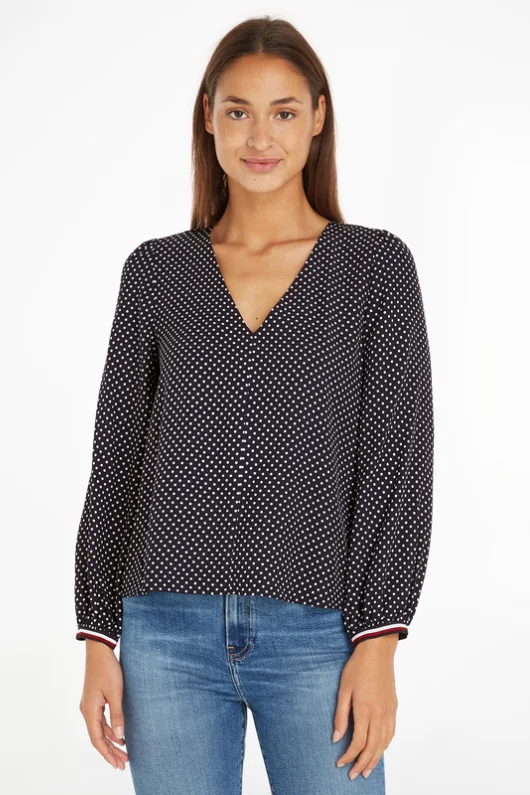 Polka Dot V Blouse Embroidered Cotton Blouse