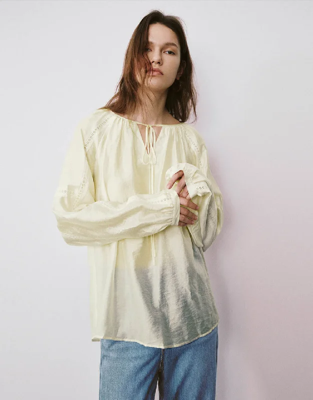 Raglan Sleeve Crew Neck Blouse Double Button Blouse