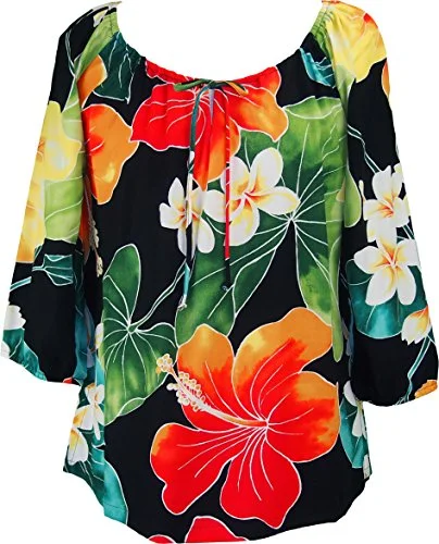 RJC Womens Bold Hibiscus Plumeria Peasant Blouse Floral Print Blouse