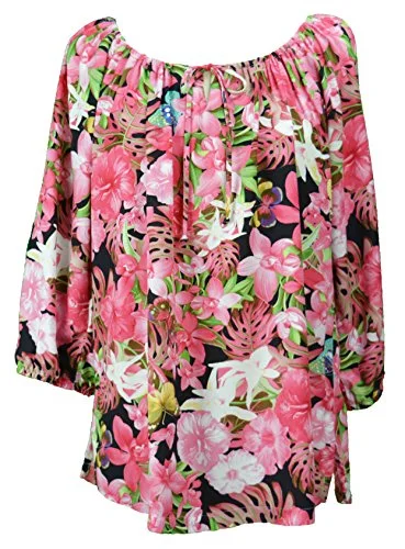 RJC Womens Hibiscus Butterfly Orchid Peasant Blouse Elegant Silk Blouse