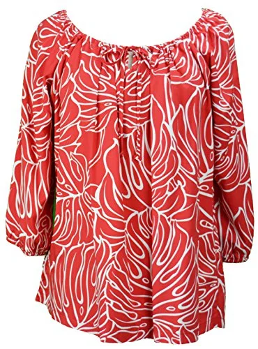 RJC Womens Monstera Christmas Red Peasant Blouse Gathered Detail Blouse