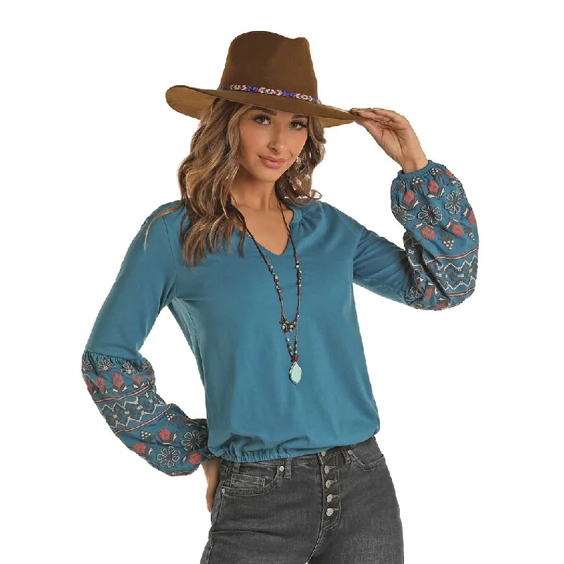 Rock & Roll Cowgirl Women's Bishop Sleeve Blouse Feminine Tie Blouse