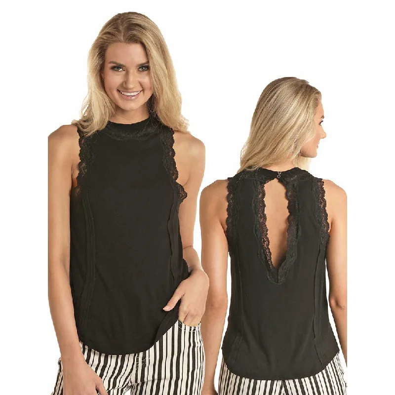 Rock & Roll Cowgirl Women's Lace Trim Sleeveless Blouse Chic Square Blouse