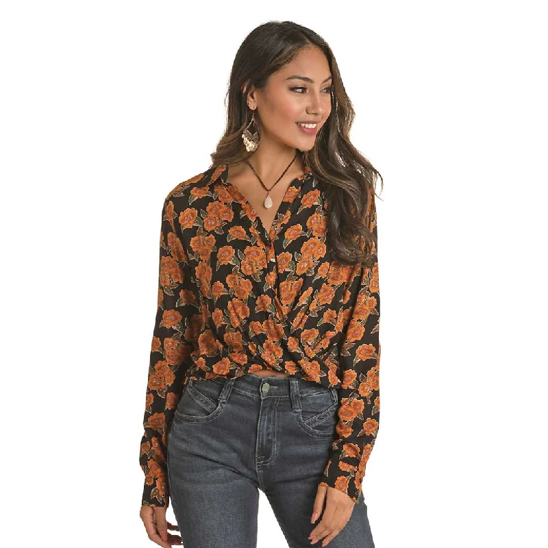 Rock & Roll Cowgirl Women's Twist Front Blouse Pleated Collar Blouse