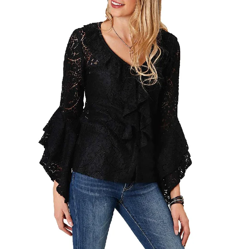 Roper Women's Bell Sleeve Lace Button-Down Blouse Ruffled Neck Blouse