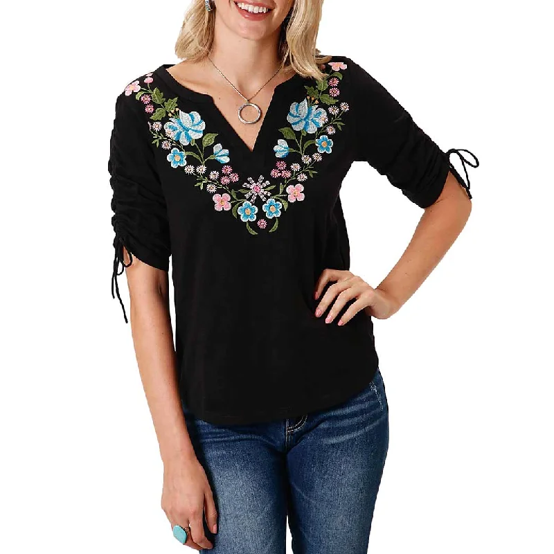 Roper Women's Floral Embroidered Tie Sleeve Blouse Silky Draped Blouse