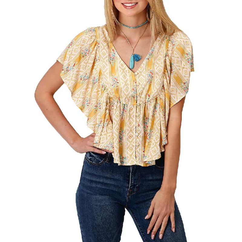 Roper Women's Geometric and Floral Ruffle Sleeve Blouse Peter Pan Blouse