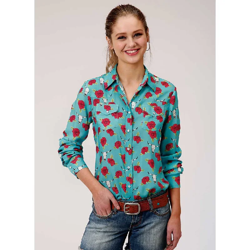 Roper Women's Rose & Skull Print Rayon Blouse Wrap Front Blouse