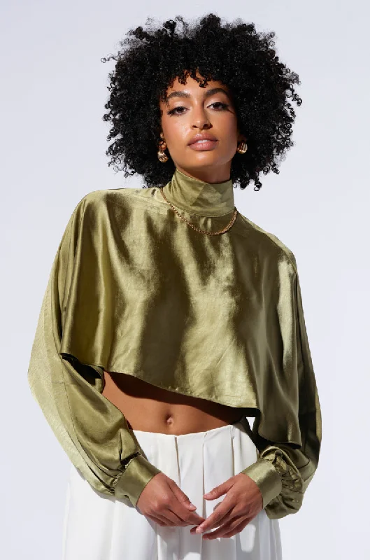 SATIN MOCK NECK BLOUSE IN OLIVE Casual Relaxed Blouse