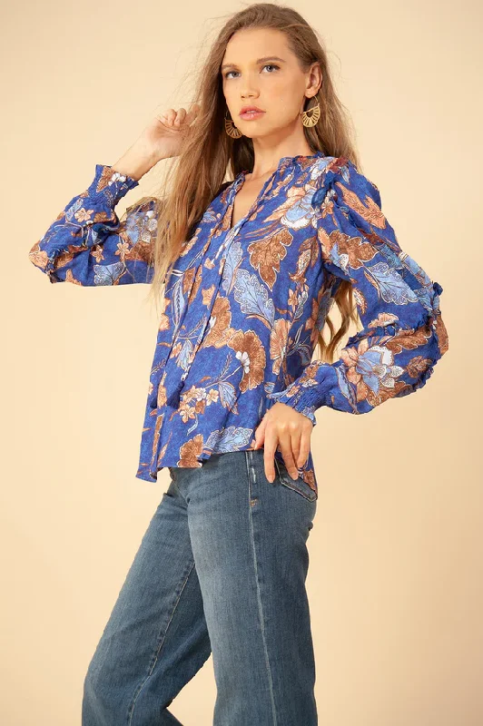 Savannah Ruffle Blouse in blue print Double-Layered Blouse