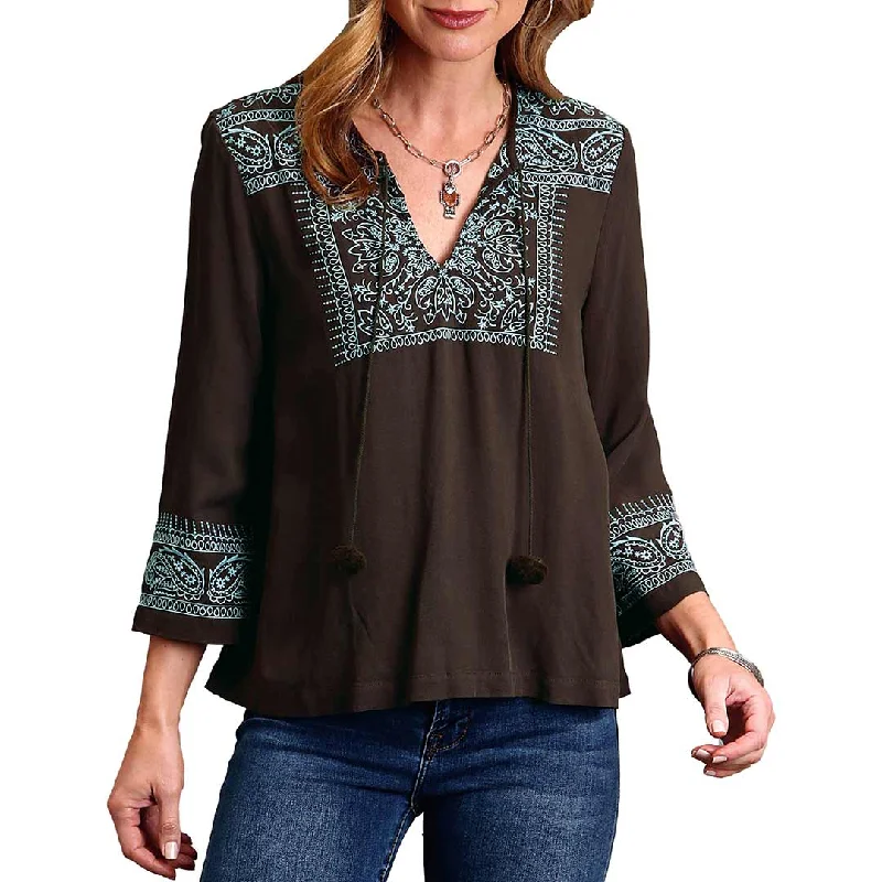 Stetson Women's Bandana Embroidered Peasant Blouse Satin Long Blouse