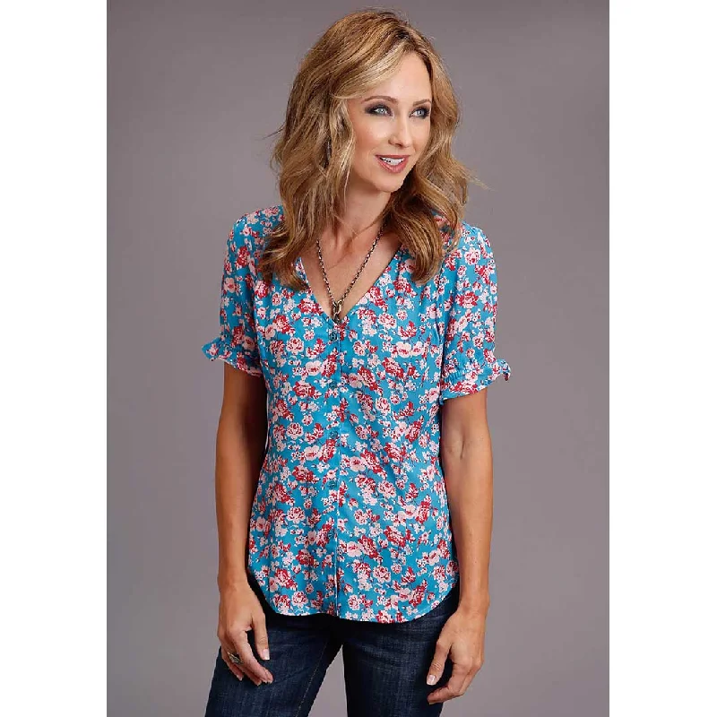 Stetson Women's Candy Roses Button Front Blouse Chic Off-Shoulder Blouse