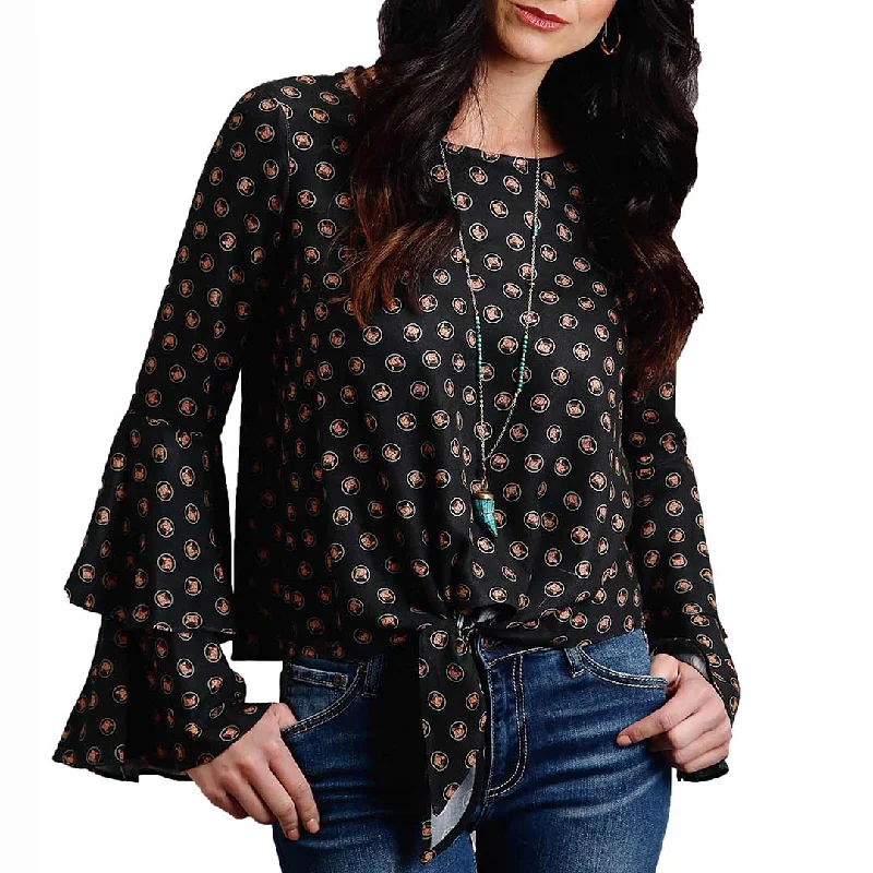 Stetson Women's Horse Print Bell Sleeve Blouse Romantic Lace Blouse