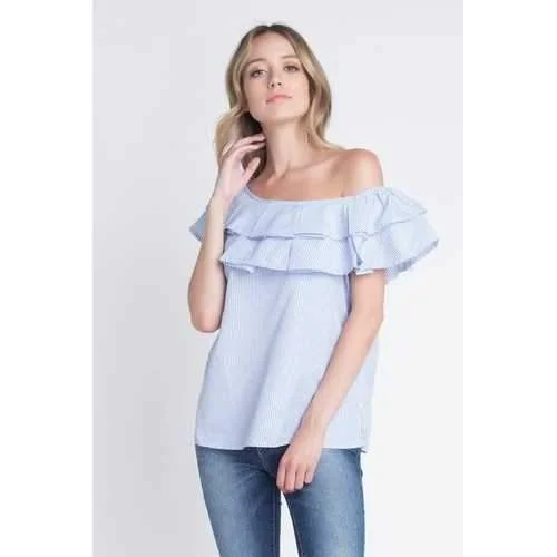 Women's Striped Off Shoulder Ruffle Stripe Blouse Soft Satin Blouse