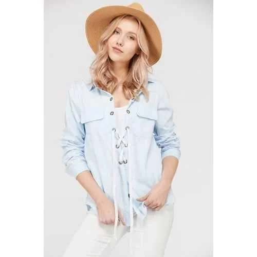 Women's Lace Up Blouse Top Casual Relaxed Blouse