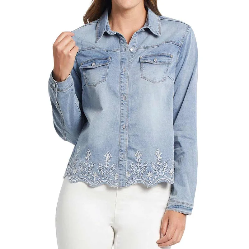 Tribal Women's Embroidered Hem Denim Button-Down Blouse Polished Work Blouse