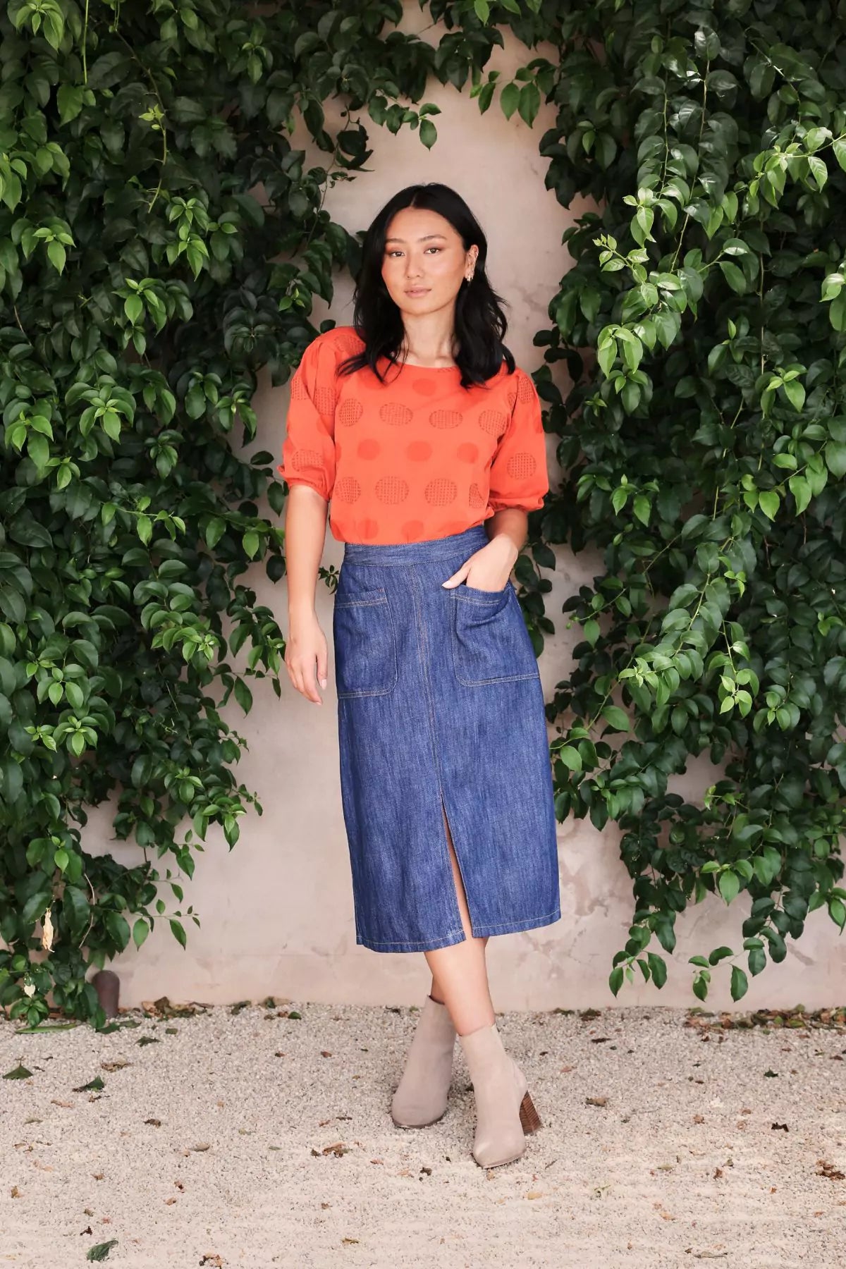 Universal Blouse Orange in Cotton Blend Side Tie Blouse