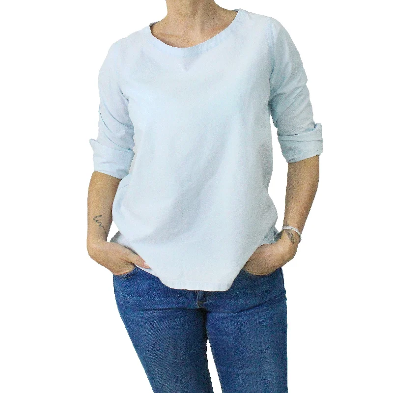 Women's cotton denim blouse with boat neckline and long sleeves Elegant Embroidery Blouse