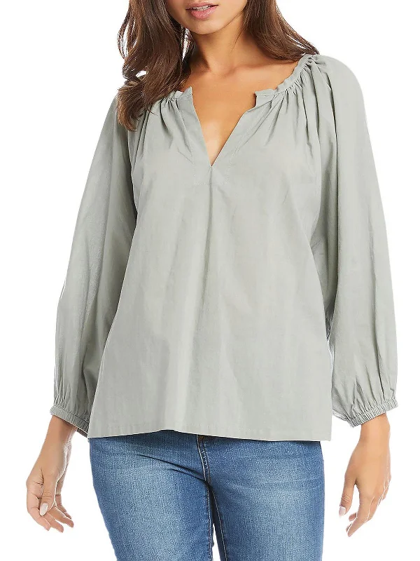 Womens Pleated V-Neck Blouse Smart Casual Blouse