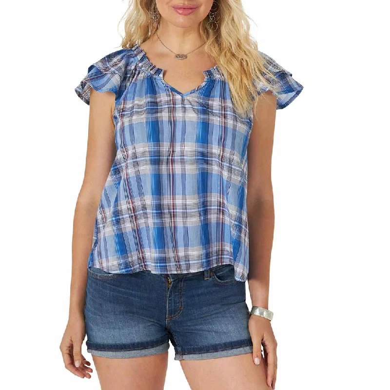 Wrangler Women's Flutter Short Sleeve Plaid Blouse Soft Pastel Blouse