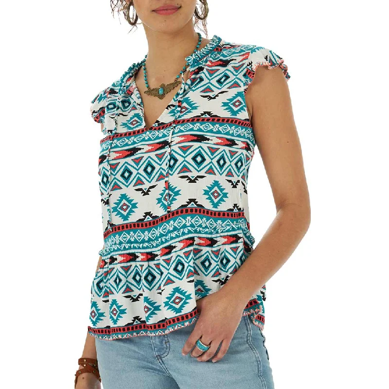 Wrangler Women's Retro Southwestern Ruffle Peplum Blouse Feminine Ruffle Blouse