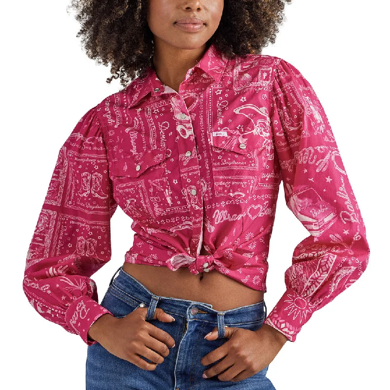 Wrangler X Barbie Womens Western Balloon Sleeve Blouse Subtle Shimmer Blouse