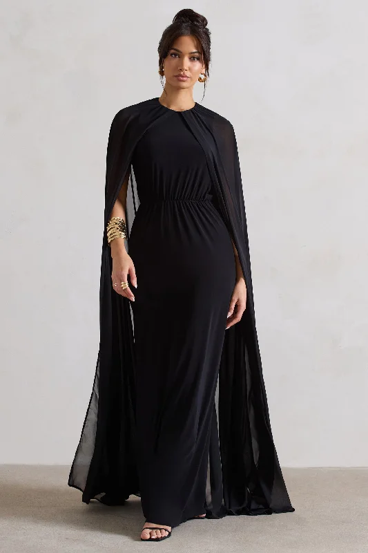 Envy | Black Gathered Maxi Dress With Chiffon Cape Comfortable Maxi Dress with Belt