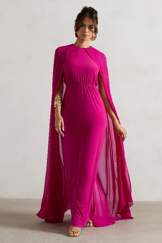 Envy | Dark Pink High-Neck Maxi Dress With Chiffon Cape Classic A-Line Maxi Dress