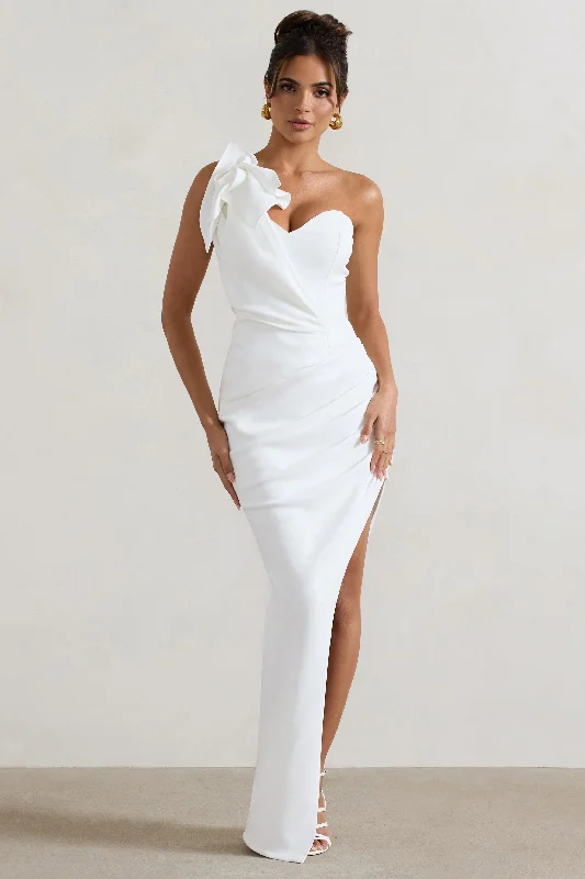 Esther | White Wrap Maxi Dress With Corsage Cozy Spaghetti Strap Maxi Dress