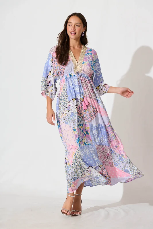 Janeve Maxi Dress in Pink with Blue Patchwork Print Stylish Boho Maxi Dress