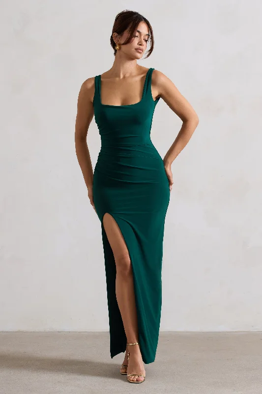 Kate | Bottle Green Square Neck Maxi Dress with Plunge Back and Side Thigh Split Elegant Velvet Maxi Dress