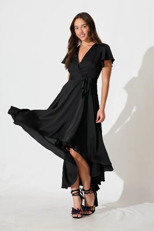 Loulou Maxi Dress In Black Satin Comfortable Bohemian Maxi Dress