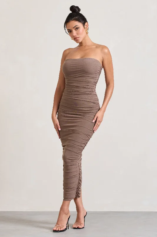 My Lady | Mocha Strapless Bodycon Ruched Mesh Maxi Dress Classic Solid Maxi Dress