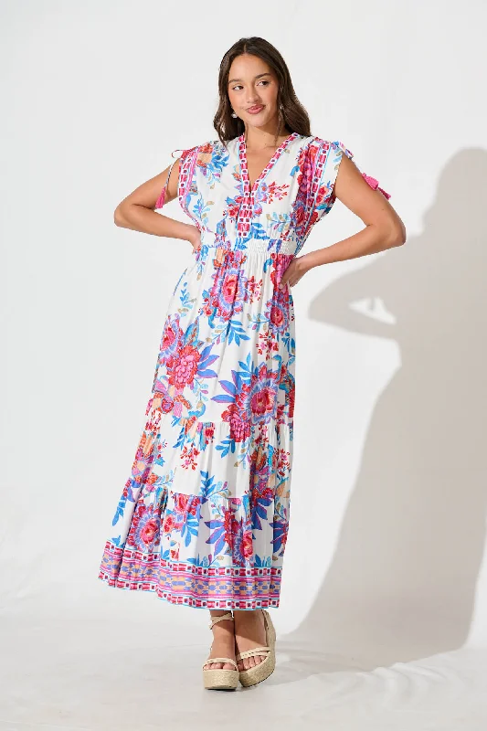 Olina Maxi Dress In Pink Floral Border Print Comfortable Ruffle Maxi Dress