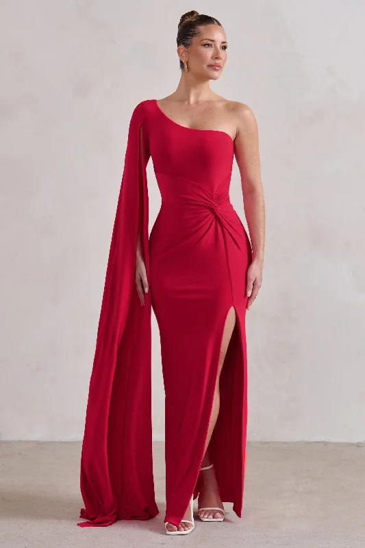 Romi | Red One Shoulder Twist Design Maxi Dress Trendy Button Front Maxi Dress