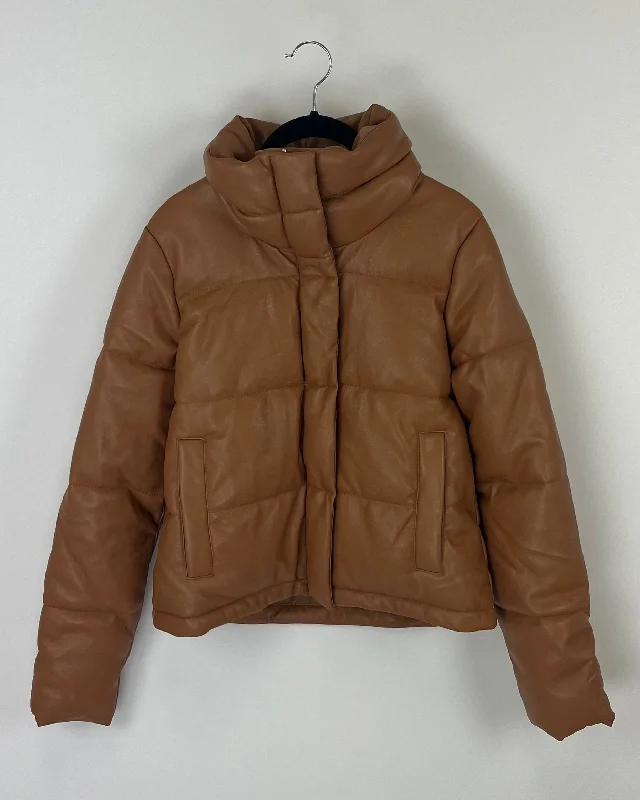 Abercrombie & Fitch Brown Leather Puffer Jacket - Small Fleece Fabric Down Fabric Feather Fabric