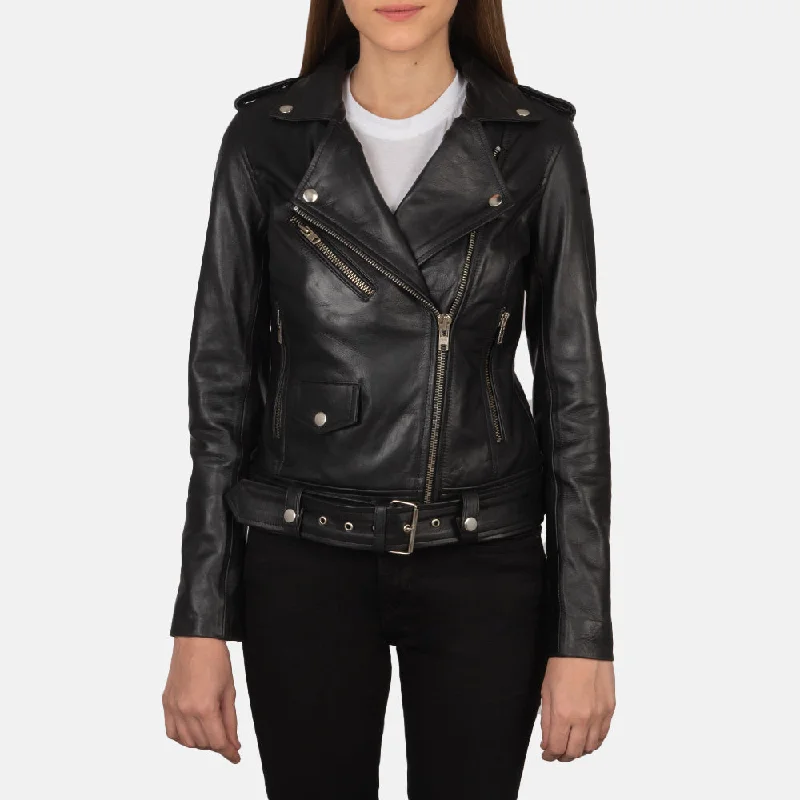 Alison Black Leather Biker Jacket Hooded Jacket Caped Jacket Shawl Collar Jacket